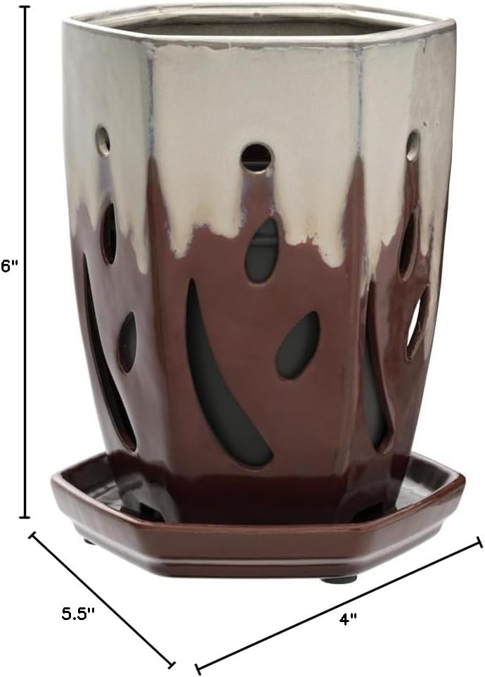 rePotme 4 x 6 inch Ceramic Orchid Pot (Cream Over Garnet) - Hexagon Orchid Pot with Holes