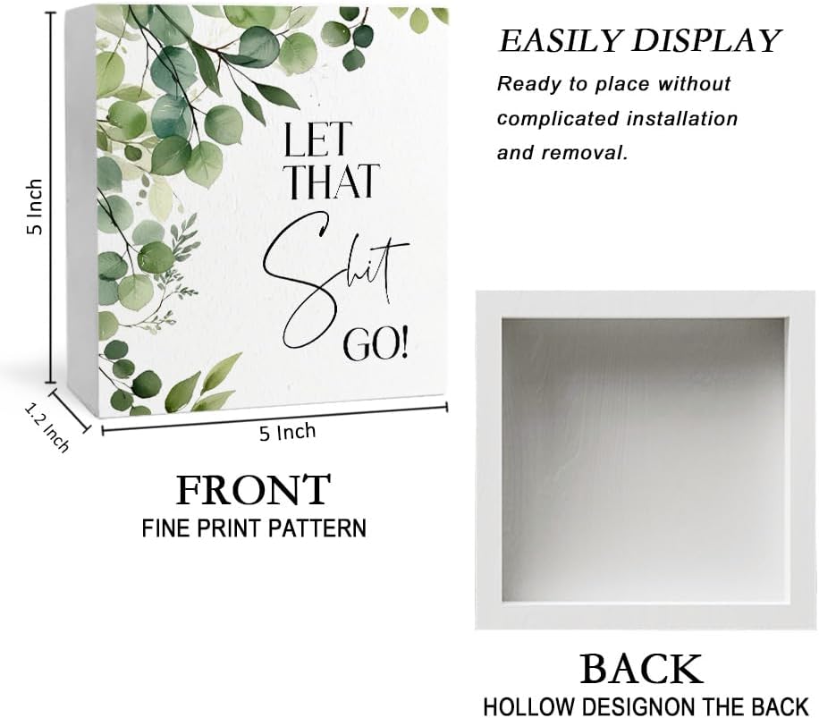 Funny Bathroom Signs, Let That Go Humorous Wooden Box Sign, Eucalyptus Botanical Wood Signs Plaque for Bathroom Washroom Toilet Counter Shelf Table Decor, 5x5 Inch