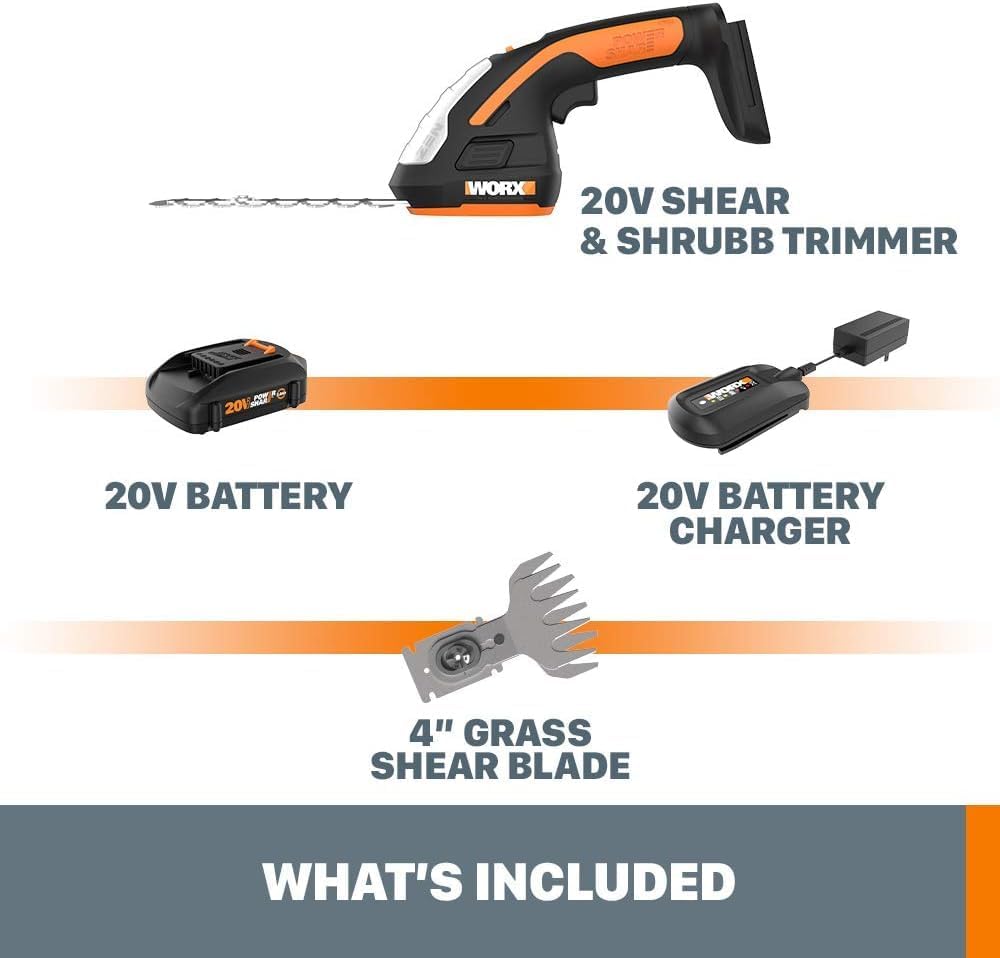 WORX WG801 20V 2 in 1 Cordless Hedge Trimmer, 4" Grass Shear & 8" Shrub Trimmer with 2 Blades, Battery & Charger Included