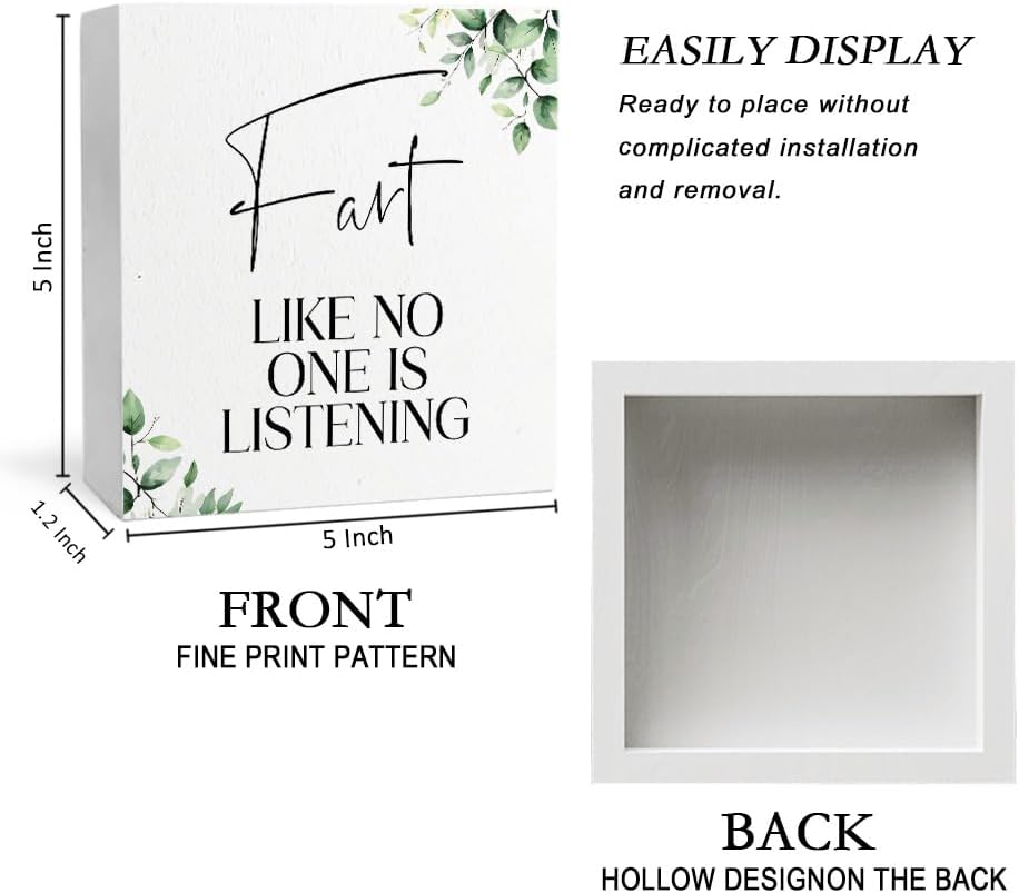 Fart Like No One Is Listening Funny Bathroom Wooden Box Sign, Eucalyptus Botanical Wood Signs for Restroom Bathroom Toilet Half Bath Shelf Counter Decor, 5x5 Inch