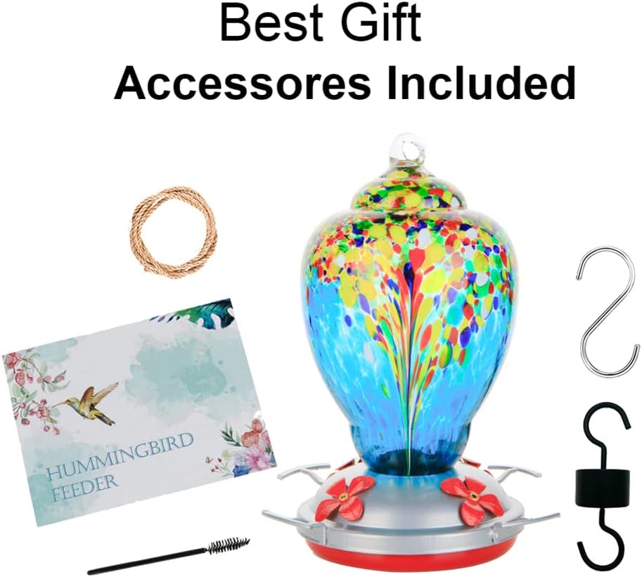 WOSIBO Hummingbird Feeder for Outdoors Patio Large 32 Ounces Colorful Hand Blown Glass Hummingbird Feeder with Ant Moat Hanging Hook, Rope, Brush and Service Card (Blue-White)