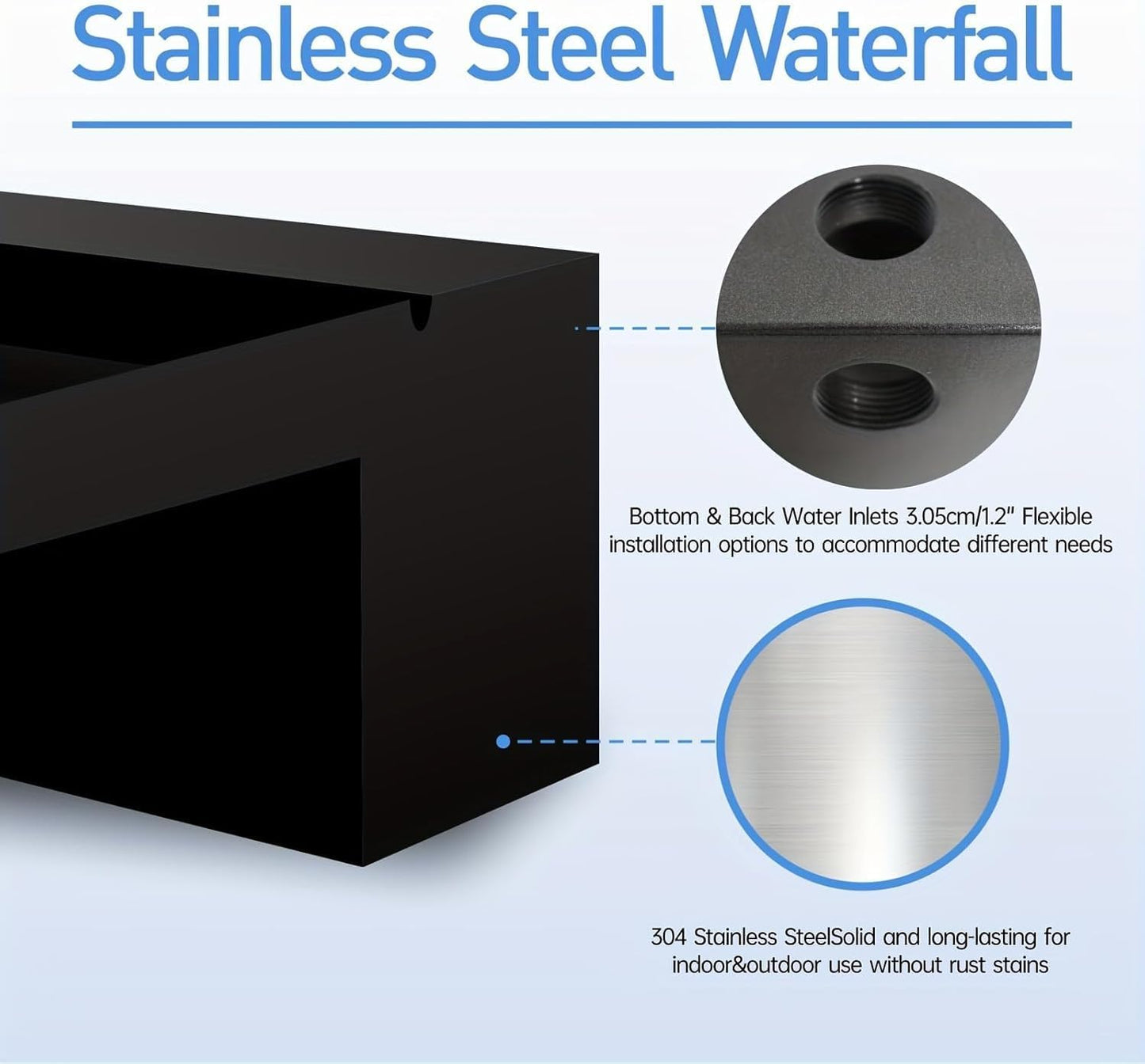 Pool Fountain Stainless Steel Pond Waterfall Spillway Kits for Indoor/Outdoor Decorative, 36 Inches Black Pool Water Feature for Garden Patio, Backyard Koi Pond Decor(No LED Light)