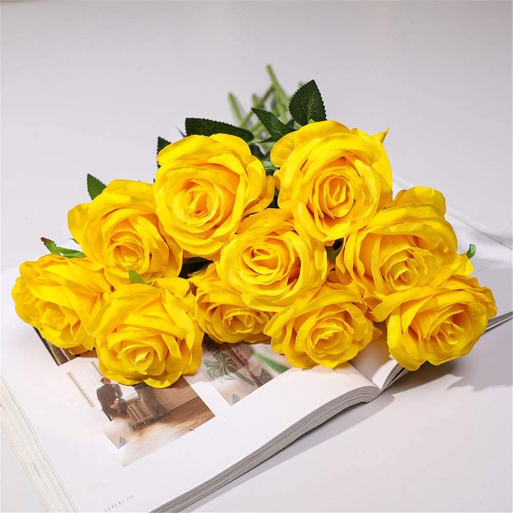Hawesome 12PCS Artificial Silk Flowers Realistic Roses Bouquet Long Stem for Home Wedding Decoration Party (Yellow 1)