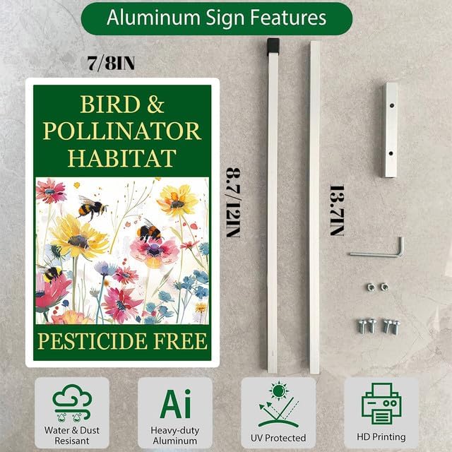 Bird and Pollinator Habitat Pesticide Free Yard Sign With Stakes 8X12 inches Rustproof Reflective Aluminum Pollinator Friendly Garden Sign Stand Bee Outdoor Decor