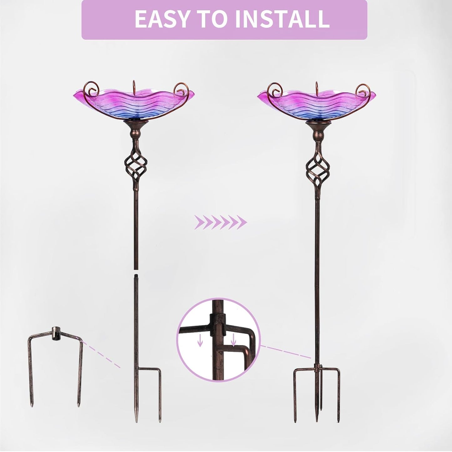 MUMTOP 31 Inch Height Glass Birdbaths, Outdoor Bird Bath Birdfeeder with Metal Stake Garden Yard Outside, Purple