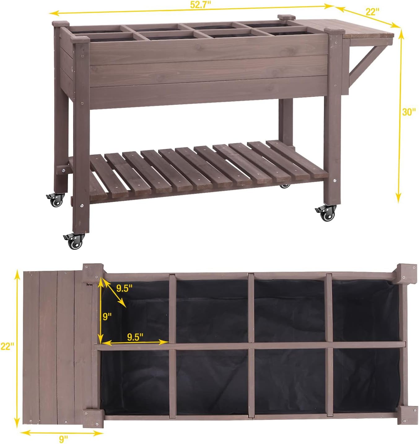 Aivituvin Raised Garden Bed on Wheels, Elevated Plant Boxes Outdoor Large with Grow Grid - with Large Storage Shelf 52.7" x 22" x 30"