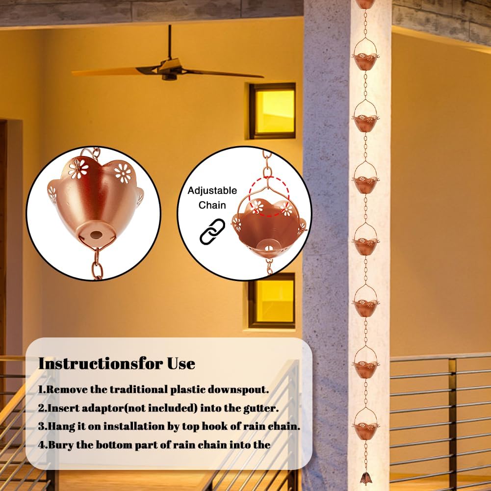 8.2 ft Rain Chain, Lotus Rain Chains for Gutters with 10 Cups, Adjustable Copper Rain Catcher Chains with Bell for Gutters, Eaves, Drainage, Replacement Downspout