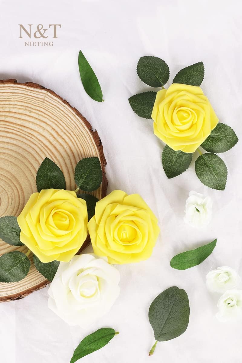 N&T NIETING Artificial Flowers Yellow Roses, 50 Pcs Fake Flowers Foam Roses Perfect for DIY Wedding Bouquets Centerpieces Bridal Baby Shower Party Home Flower Arrangement Spring Decorations