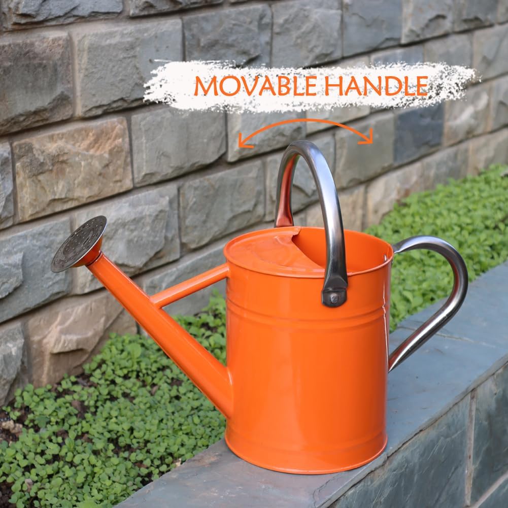Metal Watering Can, One Gallon Watering Cans Stainless Steel for Outdoor Indoor Garden Plants Watering (Stainless Steel Handle Orange)