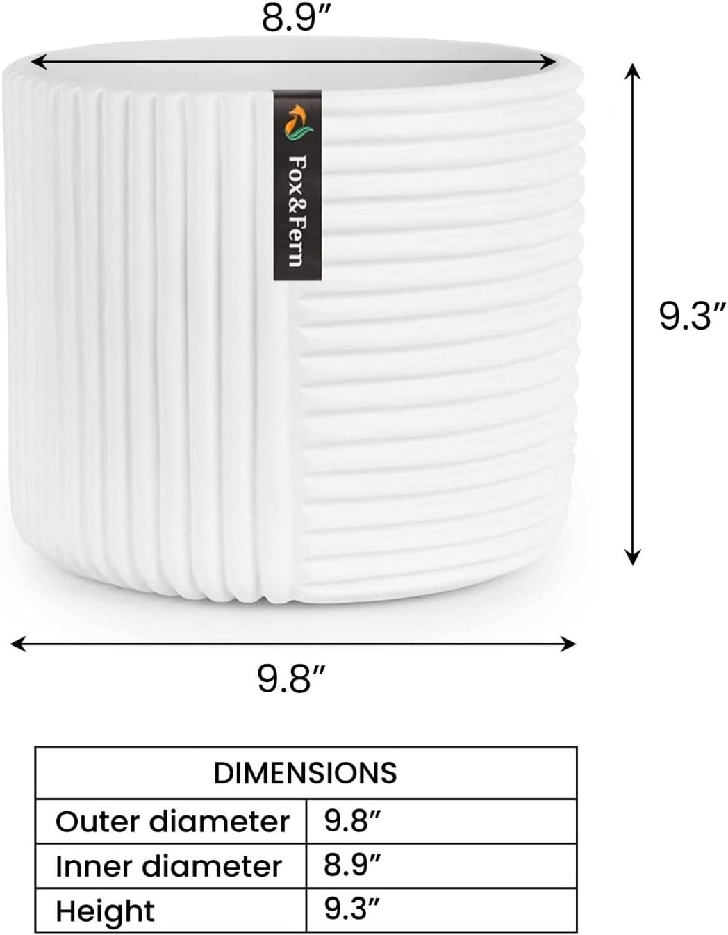 Fox & Fern 10 Inch Plant Pot with Drainage Plug — Premium Polystone White Plant Pot; Modern Planter with 3D Texture and Ceramic Finish; 10 Inch Pots for Plants Indoor & Outdoor