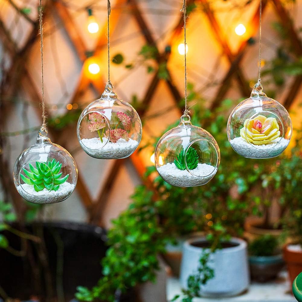 4 Pcs Hanging Glass Terrarium Plants, 4" Diam Globe Planter Terrariums for Succulent