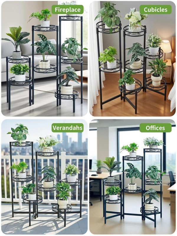 7 Tier Plant Stand, Tall Metal Wrought Iron Plant Shelf Holder for Indoor, Outdoor Folding Tall Display Rack Flower Pot Stand for Corner Living Room Balcony Garden Patio - BlackCircle