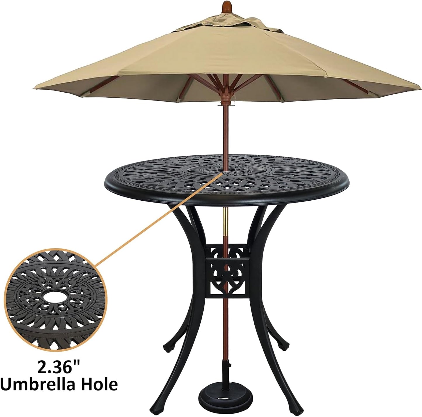 30 inches Patio Table with Umbrella Hole, Round Outdoor Table, Cast Aluminum Bistro Table, Metal Side Table for Porch Backyard, Black