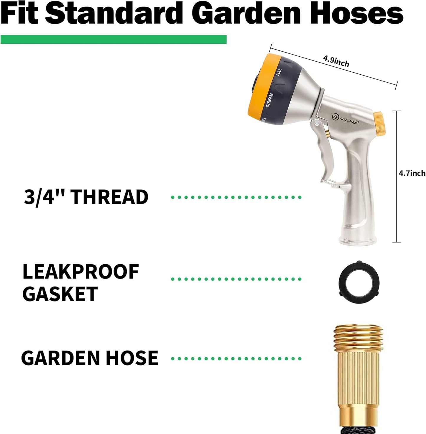 AUTOMAN Garden Nozzle Sprayer, High Pressure Spray Nozzle, 100% Metal Water Hose Nozzle, 7 Patterns Watering Nozzle, Heavy Duty Sprayer Garden Nozzle for Watering Plants & Lawns, Washing Cars & Pets