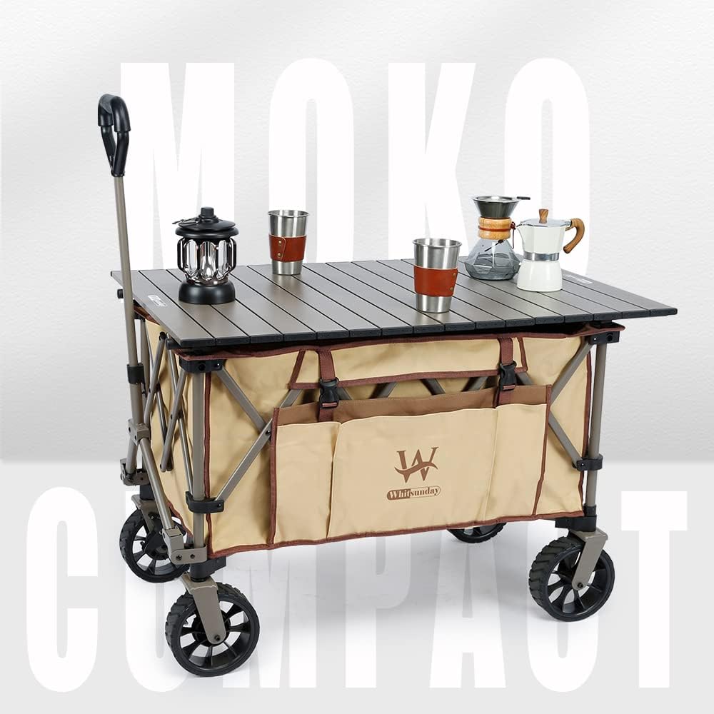 Whitsunday Folding Collapsible Wagon Cart, Beach Heavy Duty Wagon with Table,Utility Grocery Cart for Camping Sports Outdoor Shopping Park Khaki