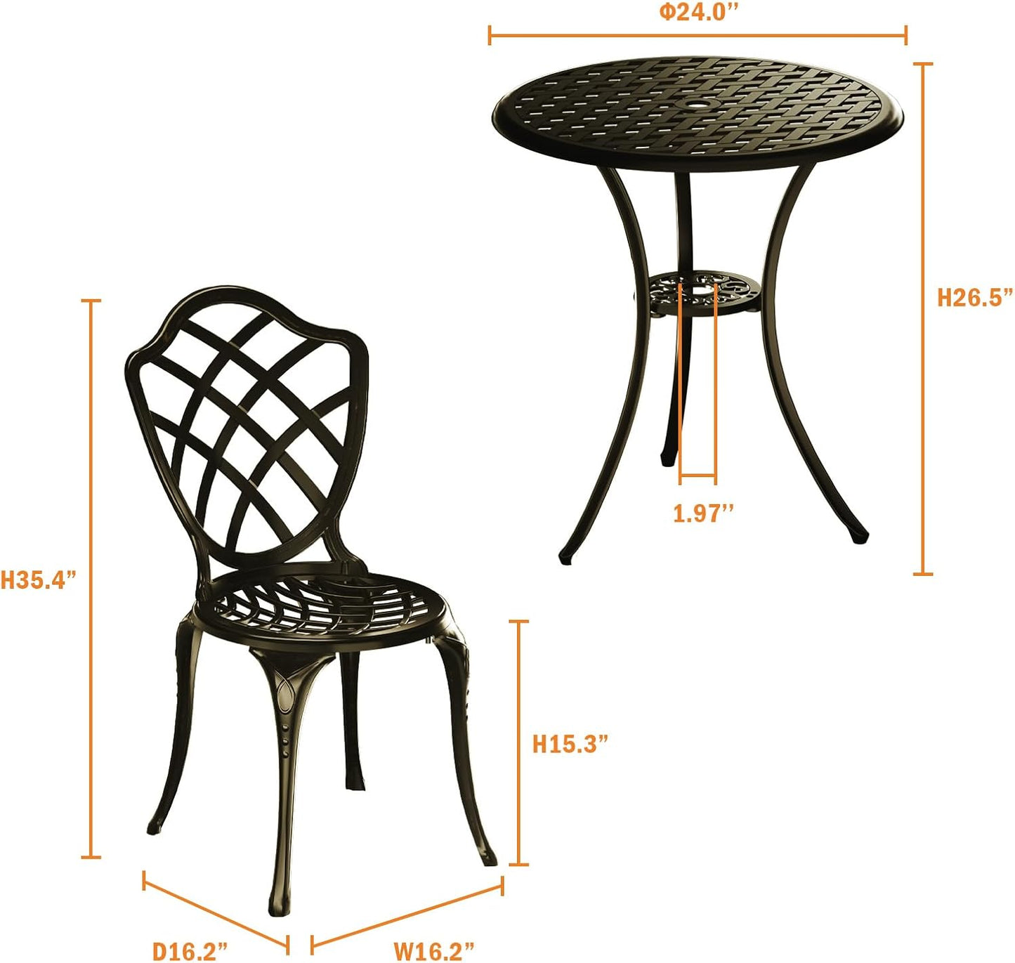 3 Piece Patio Bistro Set, Outdoor Bistro Table and Chairs Set of 2 w/Umbrella Hole, Rust-Resistant Cast Aluminum Bistro Set for Garden/Balcony/Backyard, Golden Bronze