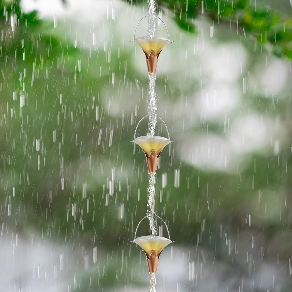 8.5 FT Rain Chain, Metal Rain Gutter Chains with 10 Morning Glory Shaped Cups, Adjustable Metal Rain Catcher Chain for Eaves Drainage, Replacement for Downspout