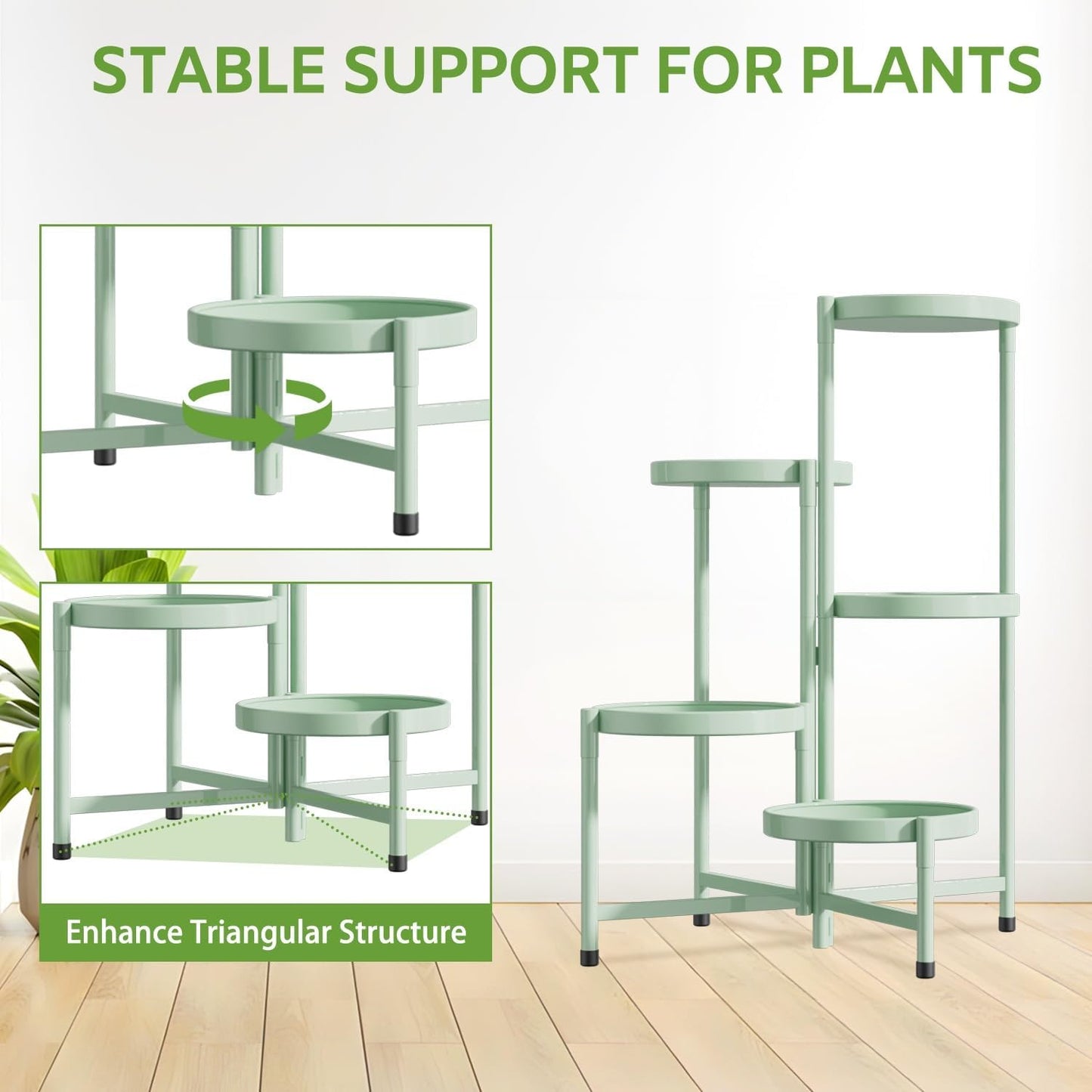 iDavosic.ly 5 Tier Large Plant Stand Indoor, 10 Inch Wide Corner Tall Metal Plant Stands Outdoor for Multiple Plants, Folding Tiered Flower Display Holder Rack Shelf, Light Green