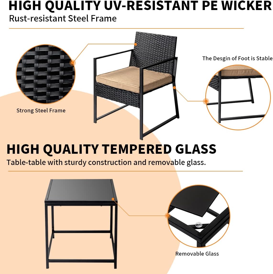 Patio Furniture Set,Wicker Bistro Set 3 Pieces Outdoor Furniture,Rattan Table and Patio Chairs Set for Balcony,Yard,Porch and Deck(Khaki