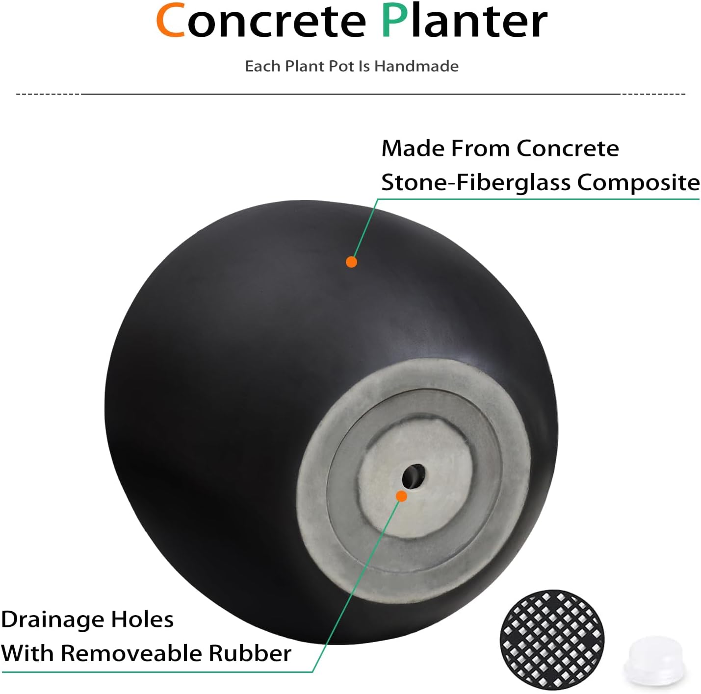 Ball Concrete Planter Outdoor Indoor, Large Tall Cement Plant Pots for Trees Flowers (Black, 16 inch)