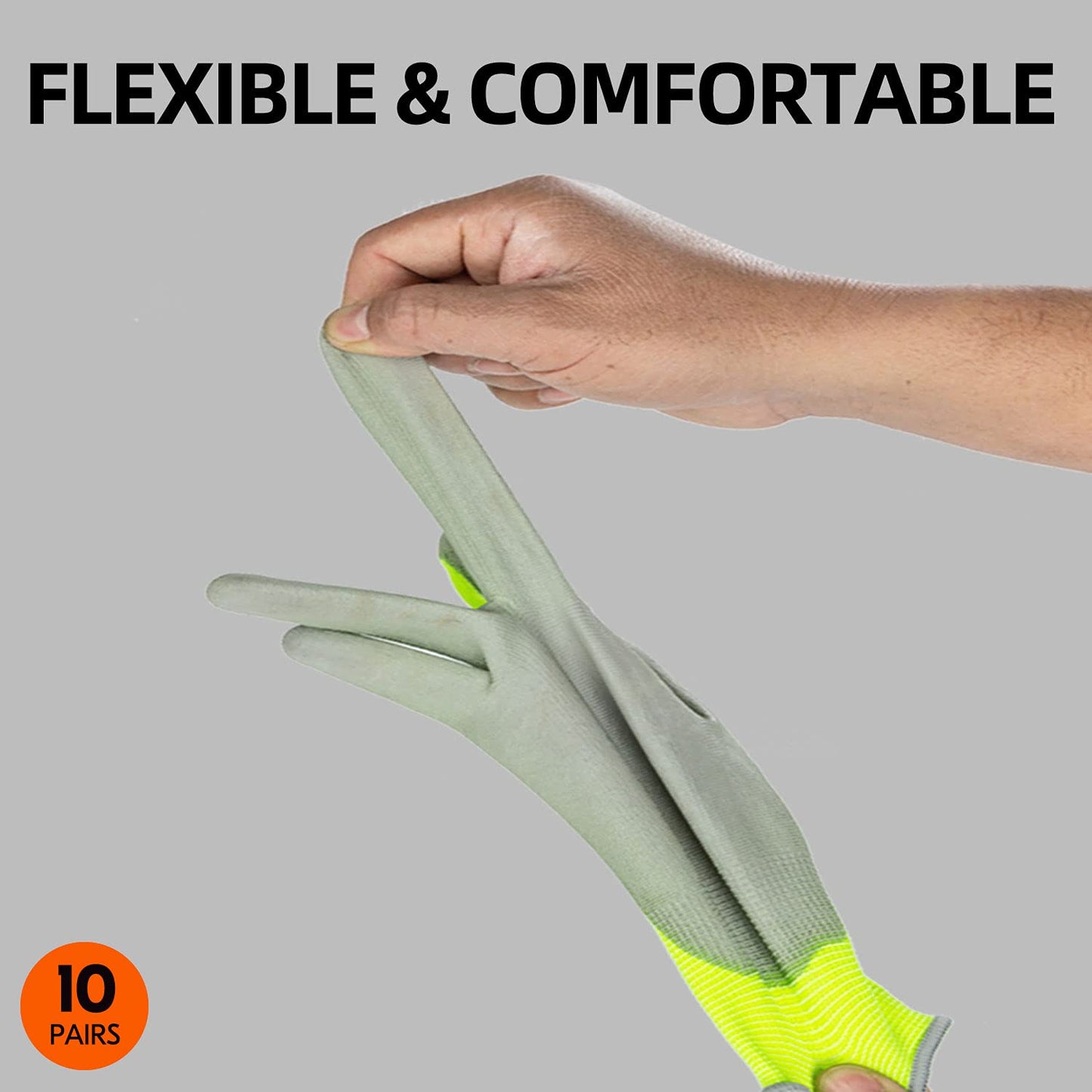 Vgo... 10-Pairs Safety Work Gloves, Gardening Gloves, Polyurethane Coated, Dipping Gloves, Latex Free (Size L, Yellow, PU2103)