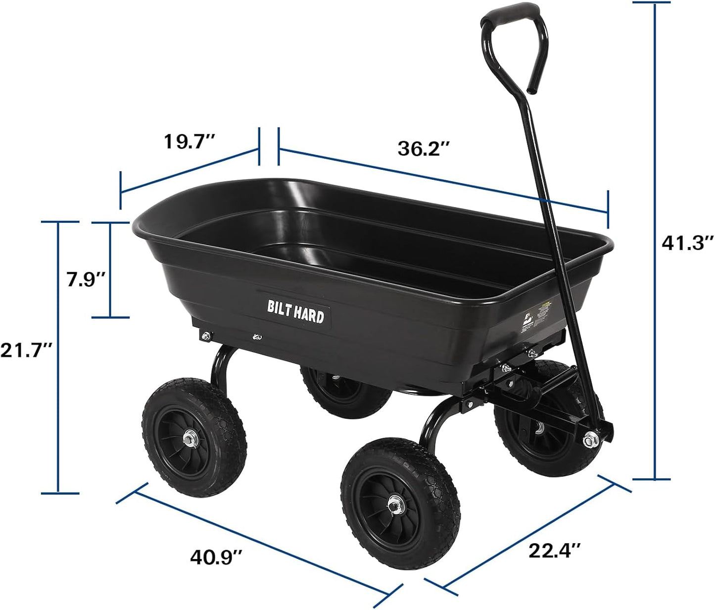 BILT HARD 4 Cu.Ft. 10" No-Flat Tires Poly Yard Dump Cart with 180° Rotating Handle, 600 lbs Capacity Heavy Duty Garden Carts and Wagons