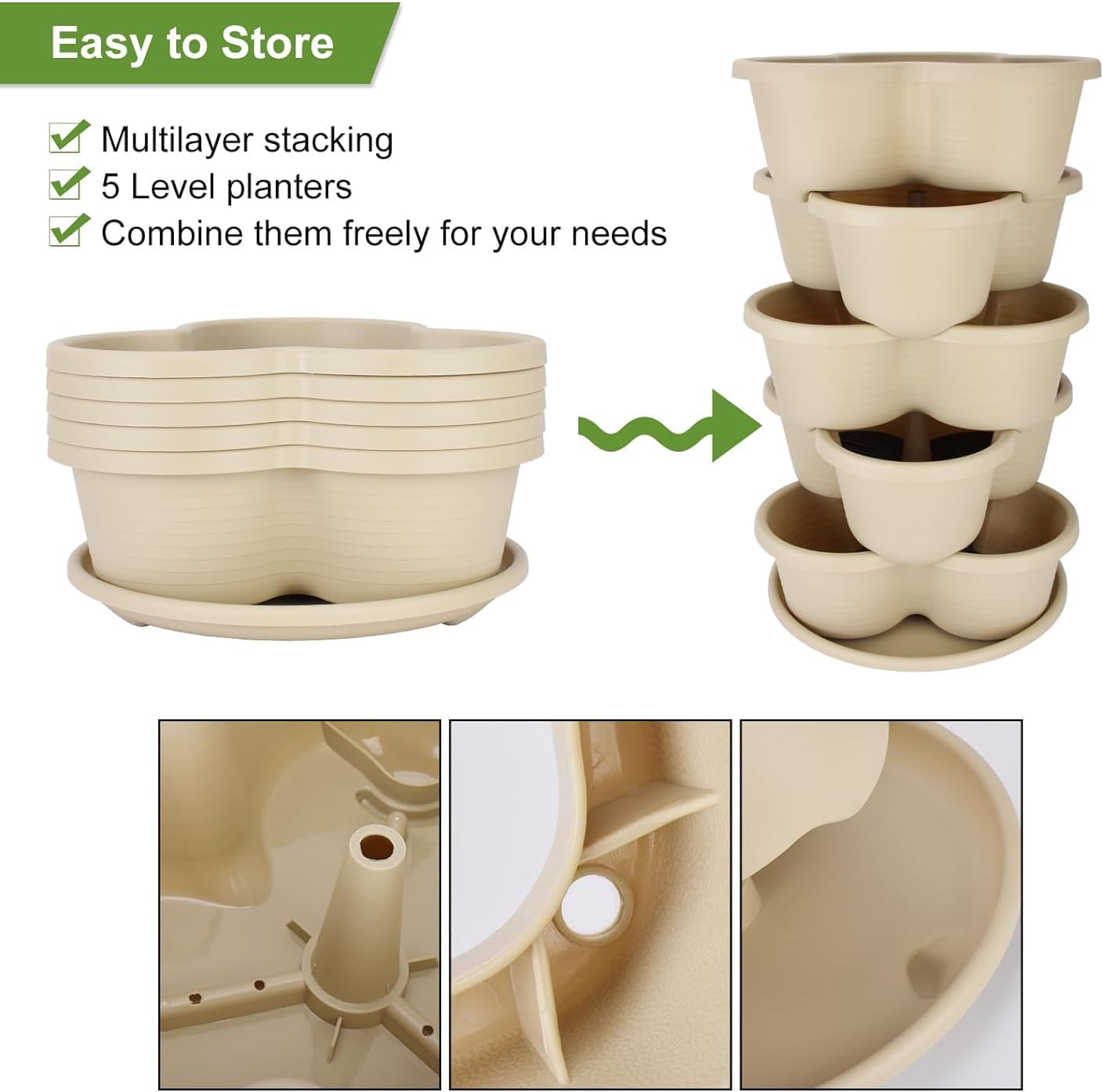 5 Tier Vertical Planters Stackable Gardening Planter for Strawberries, Flowers, Herb and Vegetables, White