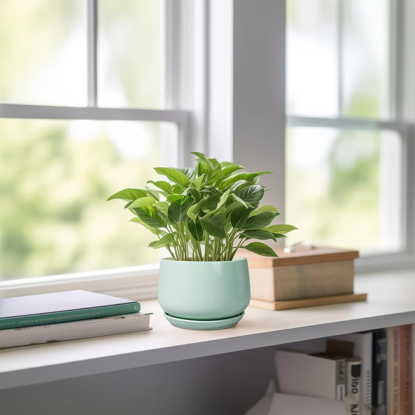 G EPGardening Ceramic Plants Pots - 4 inch Plant Pots Indoor Outdoor, Small Succulent Planter with Drainage Hole & Tray, Modern Flower Pot, Round Decorative Planters, Office Decor, Garden Gift, Green