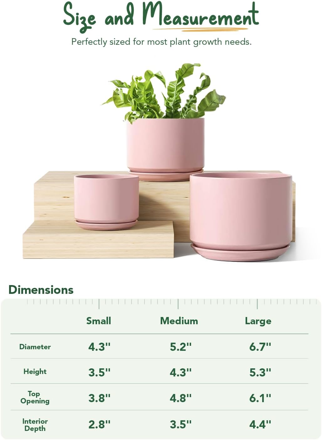 LE TAUCI Ceramic Plant Pots, 4.3+5.3+6.8 inch, Set of 3, Planters with Drainage Hole and Saucer, Indoor Flower Pot with Hole Mesh Pad, Gifts for Mom, Pink