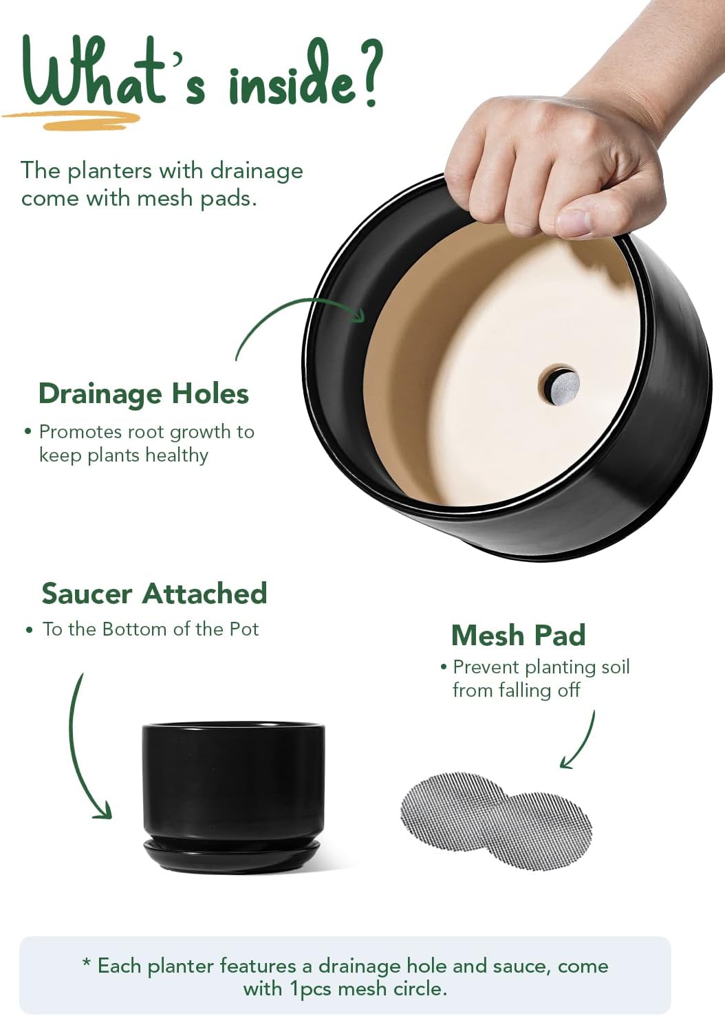 LE TAUCI Ceramic Plant Pots, 4.3+5.3+6.8 inch, Set of 3, Planters with Drainage Hole and Saucer, Indoor Flower Pot with Hole Mesh Pad, Gifts for Mom, Black