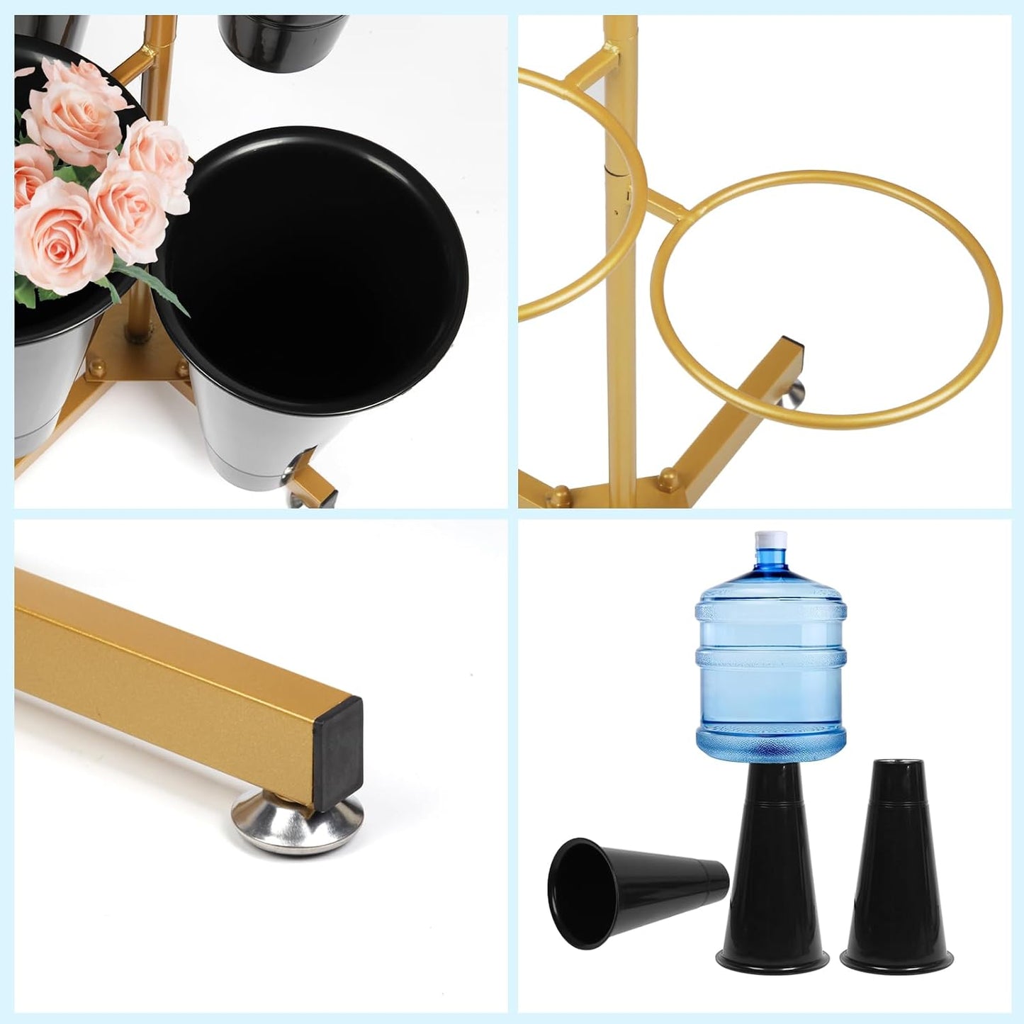 Flower Display Stand with 4 Bucket,Floral Stand with Foldable Frame for Silk Fresh Flowers,4 Tier Florist Shelf Plant Cart for flower shop Garden Living Room,Easy to Install (Gold Shelf+ Black Bucket)