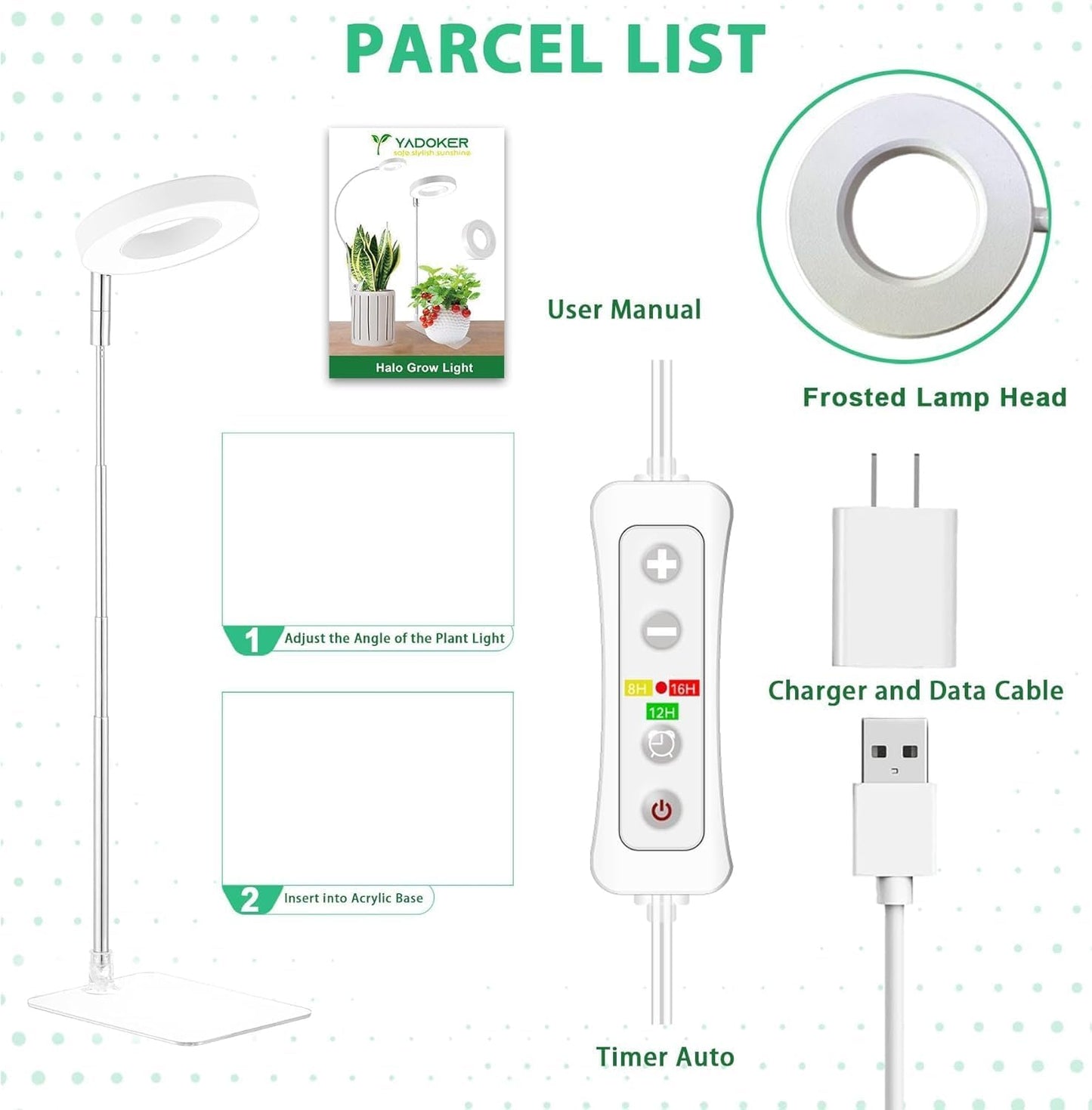 yadoker Halo Plant Grow Light,yadoker LED Growing Light Full Spectrum for Indoor Plants,Height Adjustable, Automatic Timer, 5V Low Safe Voltage,Idea for Small Plants(3 Pack)