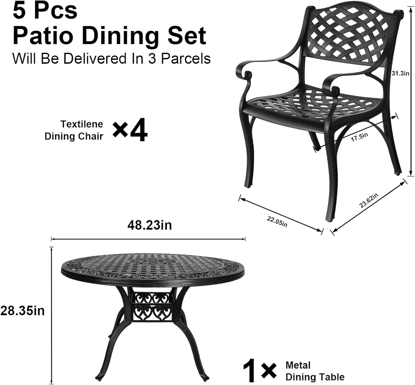 5 Piece Patio Dining Set, All-Weather Metal Outdoor Table and Chairs Set of 4, Cast Aluminum Patio Furniture Set for Patio, Garden, Backyard, Balcony