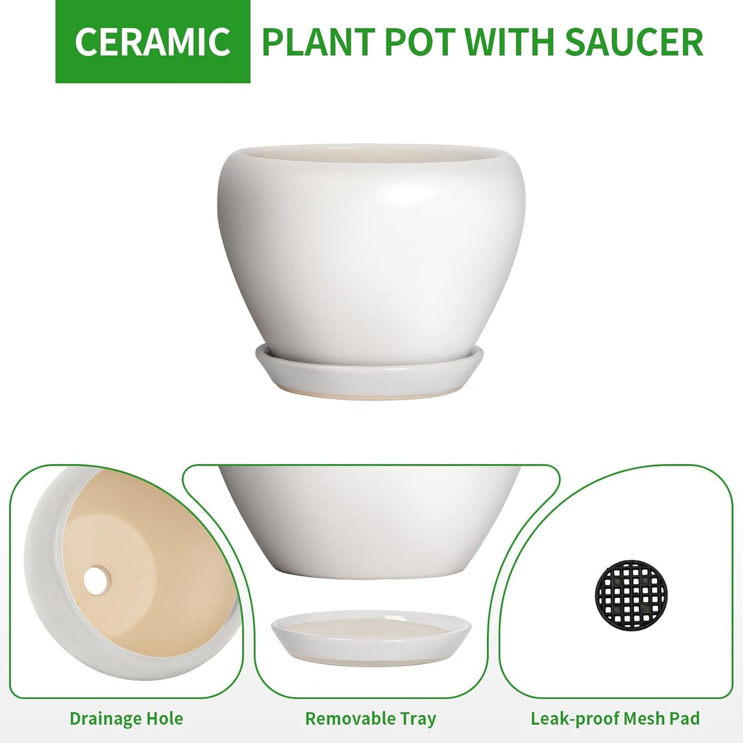 Deep Dream 10 Inch Plant Pot- Ceramic Planter Pot Round Plant Pots for Indoor Plants Outdoor Large Flower Pot with Drainage Holes & Trays, White