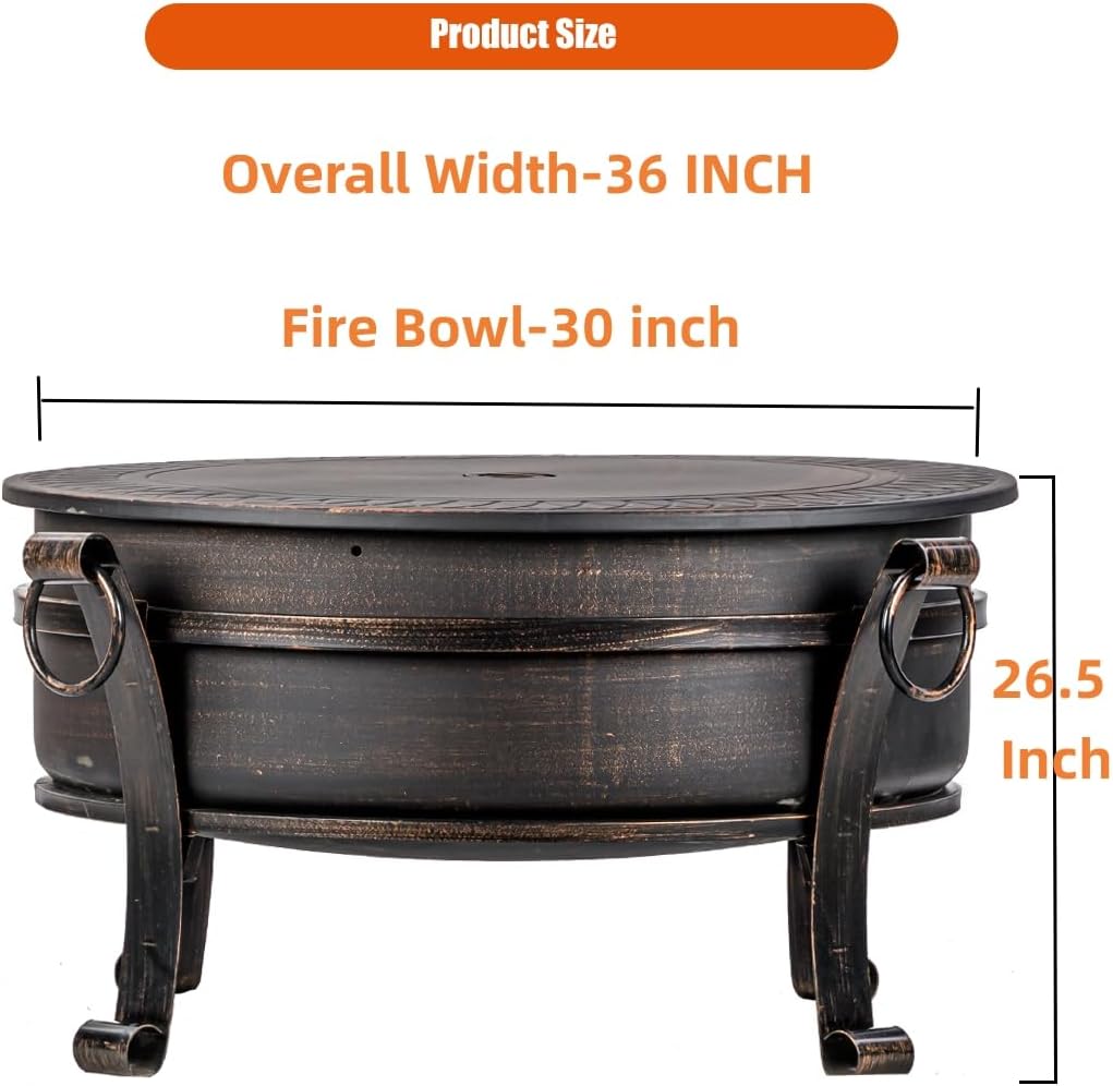 36 Inch Fire Pit with Grill & Lid, Fireplace & Round Table & BBQ 3 in 1 Fire Pit,Heavy Duty Wood Burning Fire Pits for Outside with Fire Poker, Waterproof Cover & Log Grate