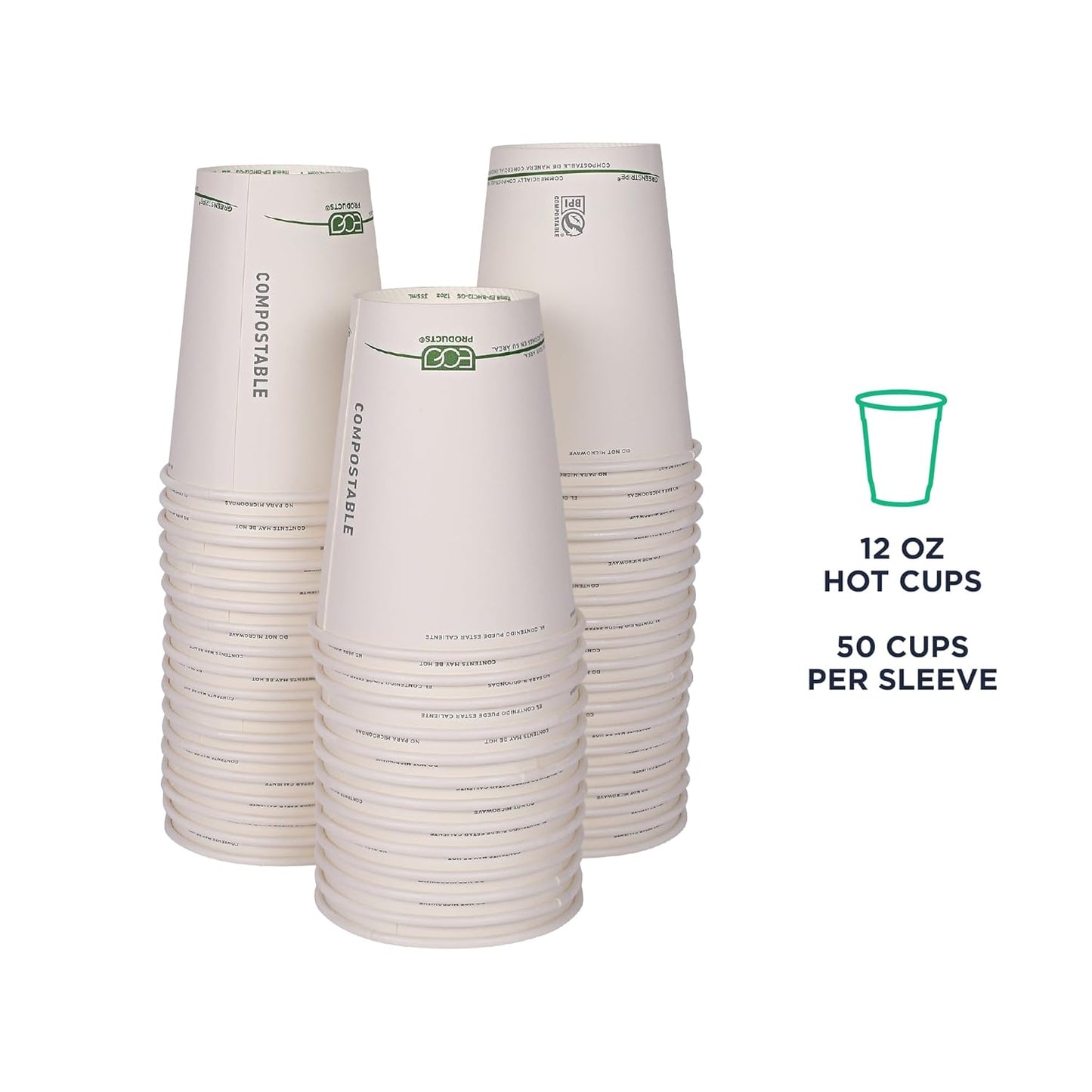 ECO PRODUCTS Compostable Disposable GreenStripe 12oz Coffee Cups, Pack of 50, White Single Wall Hot Paper Cup, Plant Based PLA Lining, Biodegradable