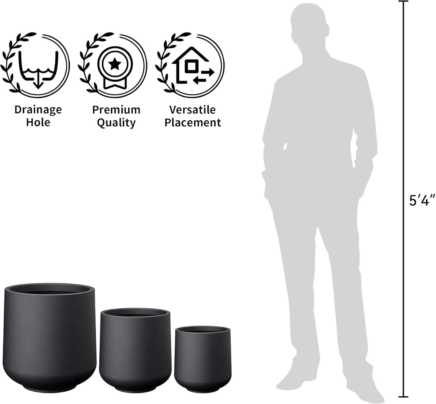 Kante 15.3" Dia Round Concrete Planter, Outdoor Indoor Large Plant Pots Containers with Drainage Hole and Rubber Plug for Home Garden Patio, Black