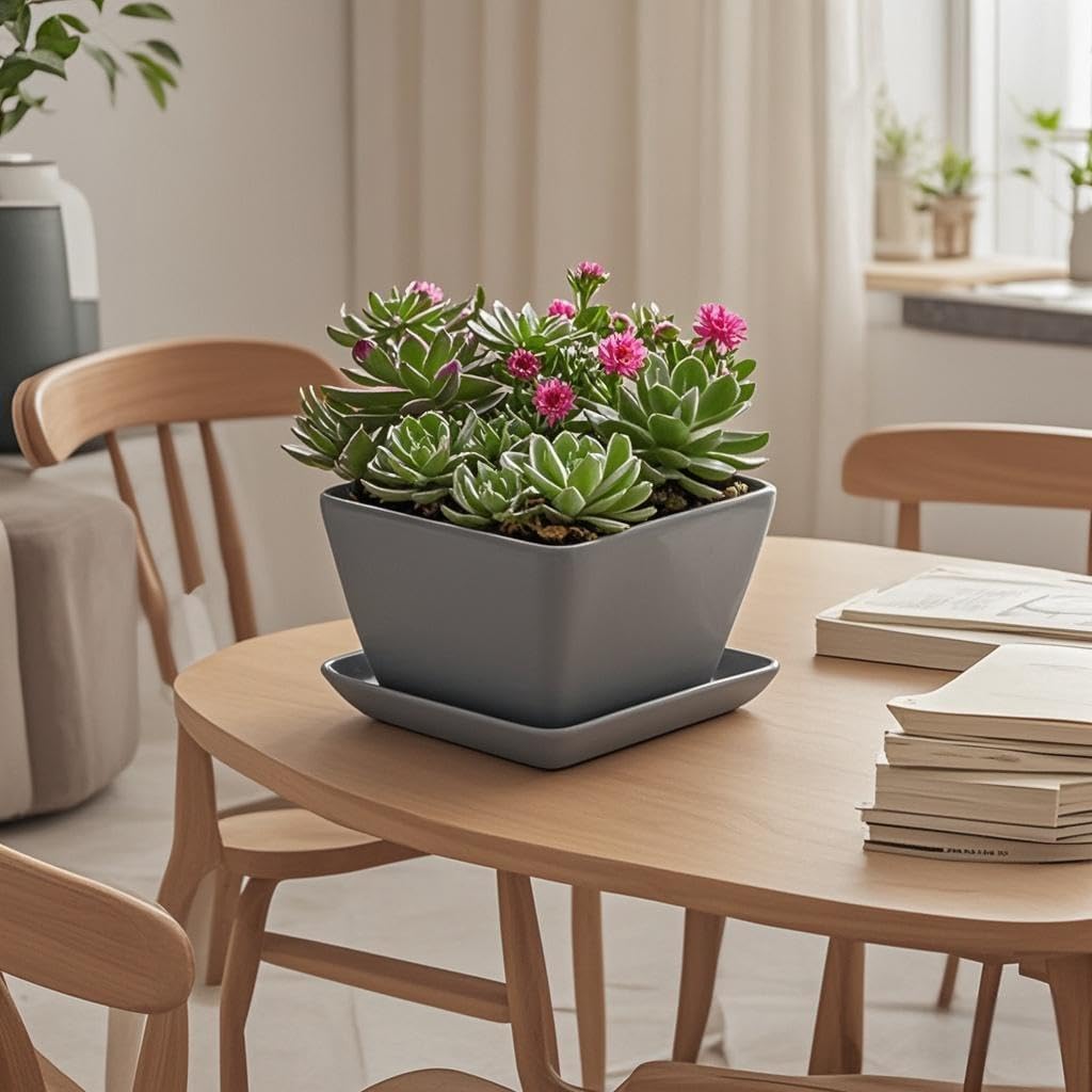 Square Plant Saucer 6 Inch 2 Pack,Plant Trays for Pots, Gray Ceramic Plant Saucers for Indoors Outdoors, Plant Drip Tray 4 6 8 10 12 14 Inch