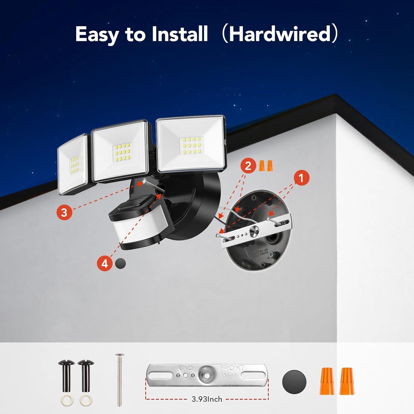 OREiN 2 Pack Motion Sensor Outdoor Lights, 3500LM/26W and 240° Big Motion Sensor, Dusk to Dawn Flood Lights Outdoor IP65 Waterproof 3 Modes LED Security Light for Front Door, Yard, Black (Hardwired)