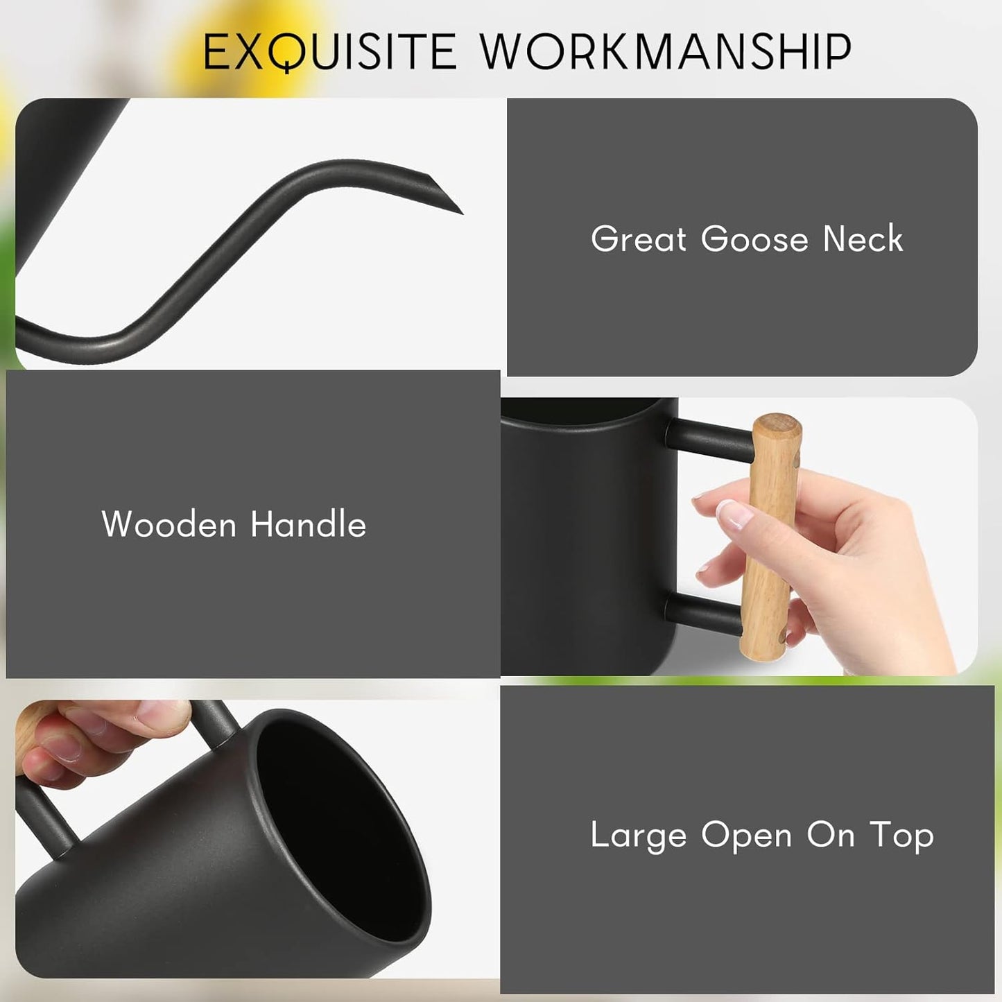 Watering Can for Indoor Plants, 35 oz/1000 ml Metal Stainless Steel Pot with Long Spout for House Plants Bonsai Outdoor Garden Flower Decorative (Black)