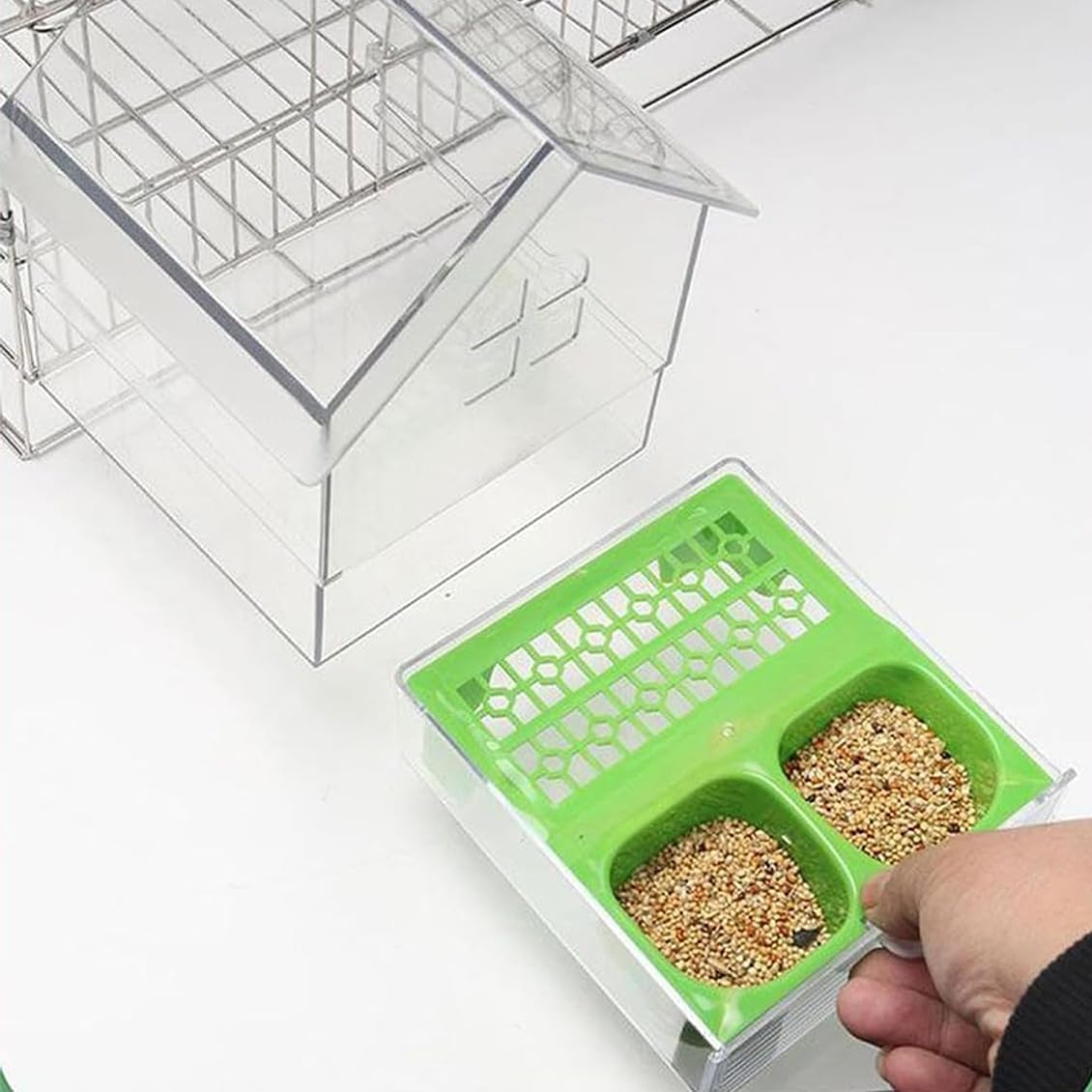 2026 New Pull-Out External Parrot Feeder, Bird Bath for Cage, 7*6*5.5in Bird Feeder House, Transparent Parakeet Cage Accessories, Easy To Fill, Clean, Long-Lasting, for Finch and Hummingbird (Green)