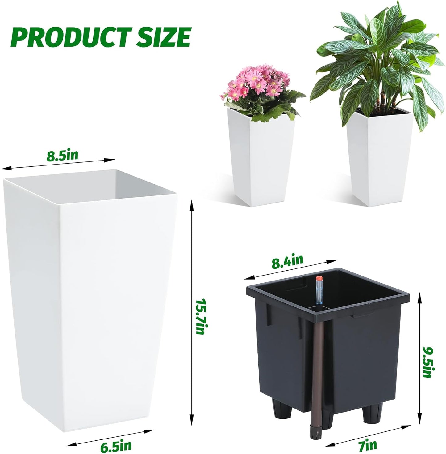16" Tall Planters Set of 2, Outdoor&Indoor Black Planter Pots, High Front Porch Planter Pots with Drainage Holes&Water Level Monitor&Inner Bucket, Automatic Watering,White