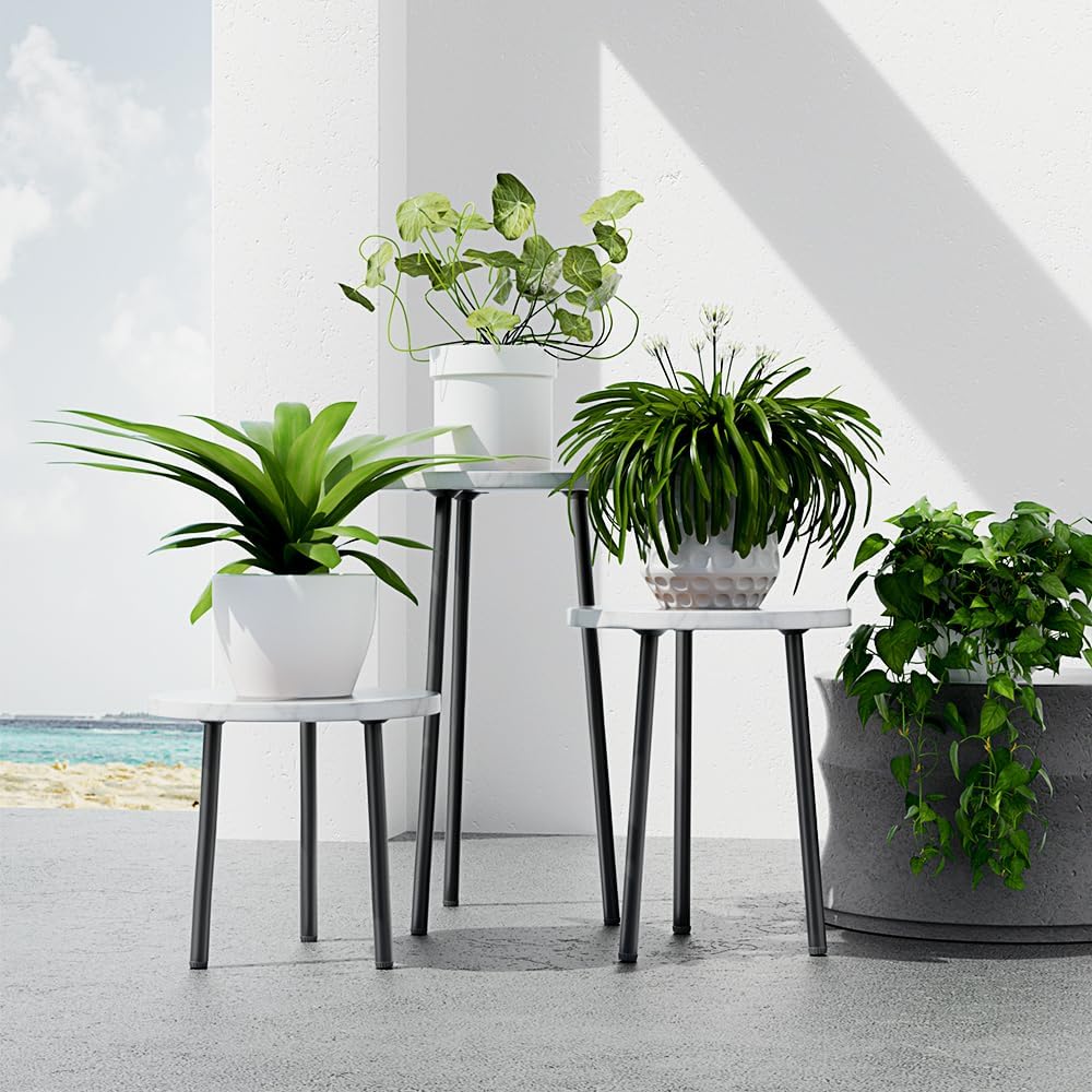 Plant Stand Indoor Tall: Corner Wood Plant Stand 2 Pack Mid Century Modern Decor - Small Round Plant Table for Indoor Plants - Outdoor Plant Holder for Patio Living Room Bathroom Office (White Marble)