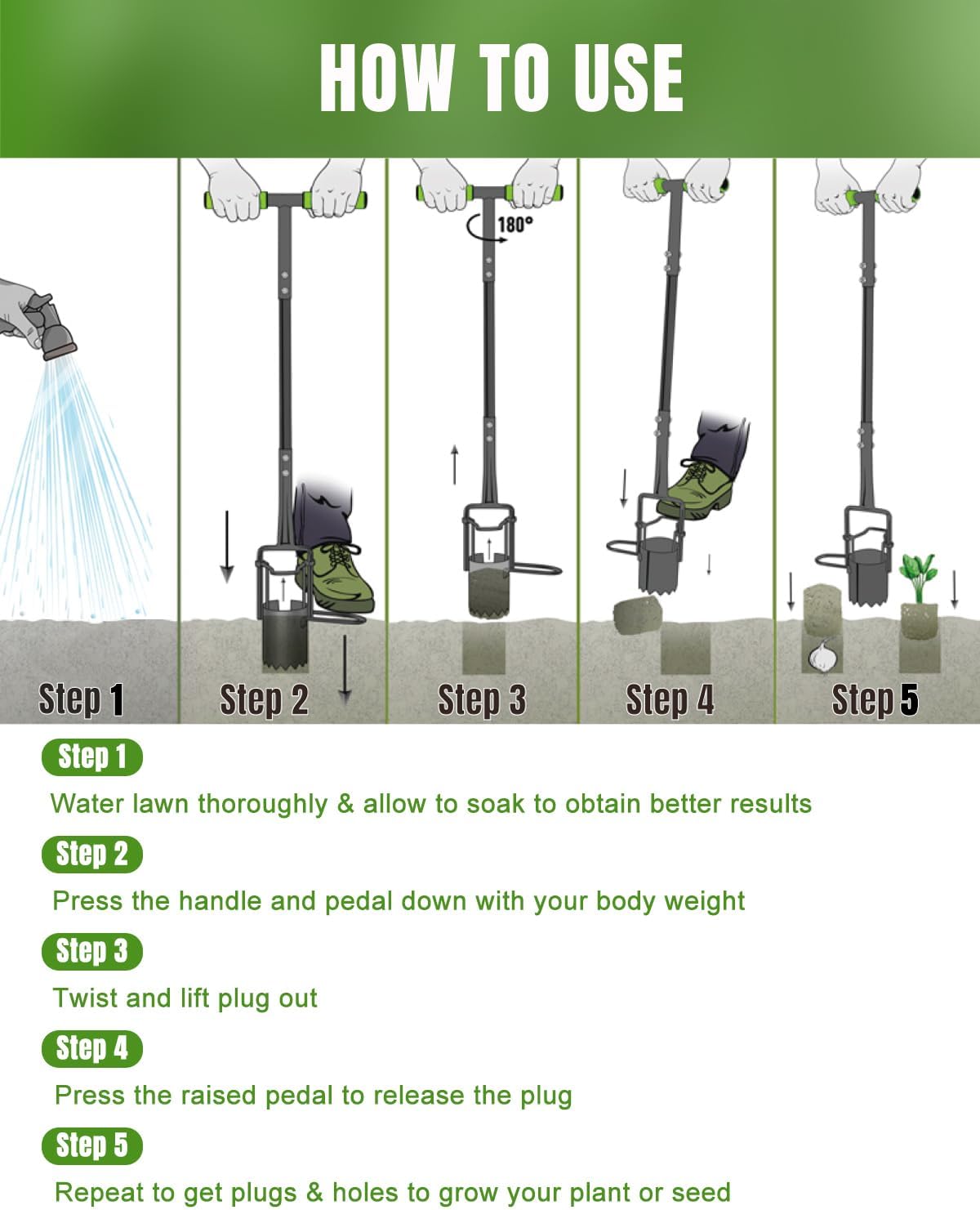 joyhalo Bulb Planter Tool Long Handle, 30in Serrated Base, 5 in 1 Lawn Tool, Sod Cutter, Grass Plugger Tool, Weeding, Transplanting, Garden Hole Digger for Plants, Flower Tulips Daffodils Lily