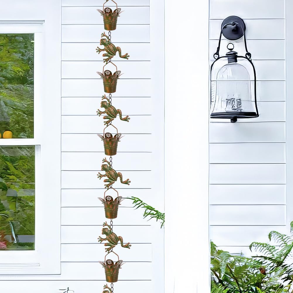 7.7FT Rain Chain for Outside, Rain Chain with 10 Frog Cups Adjustable Rain Chains for Gutters, Eaves, Drainage, Replacement for Downpout