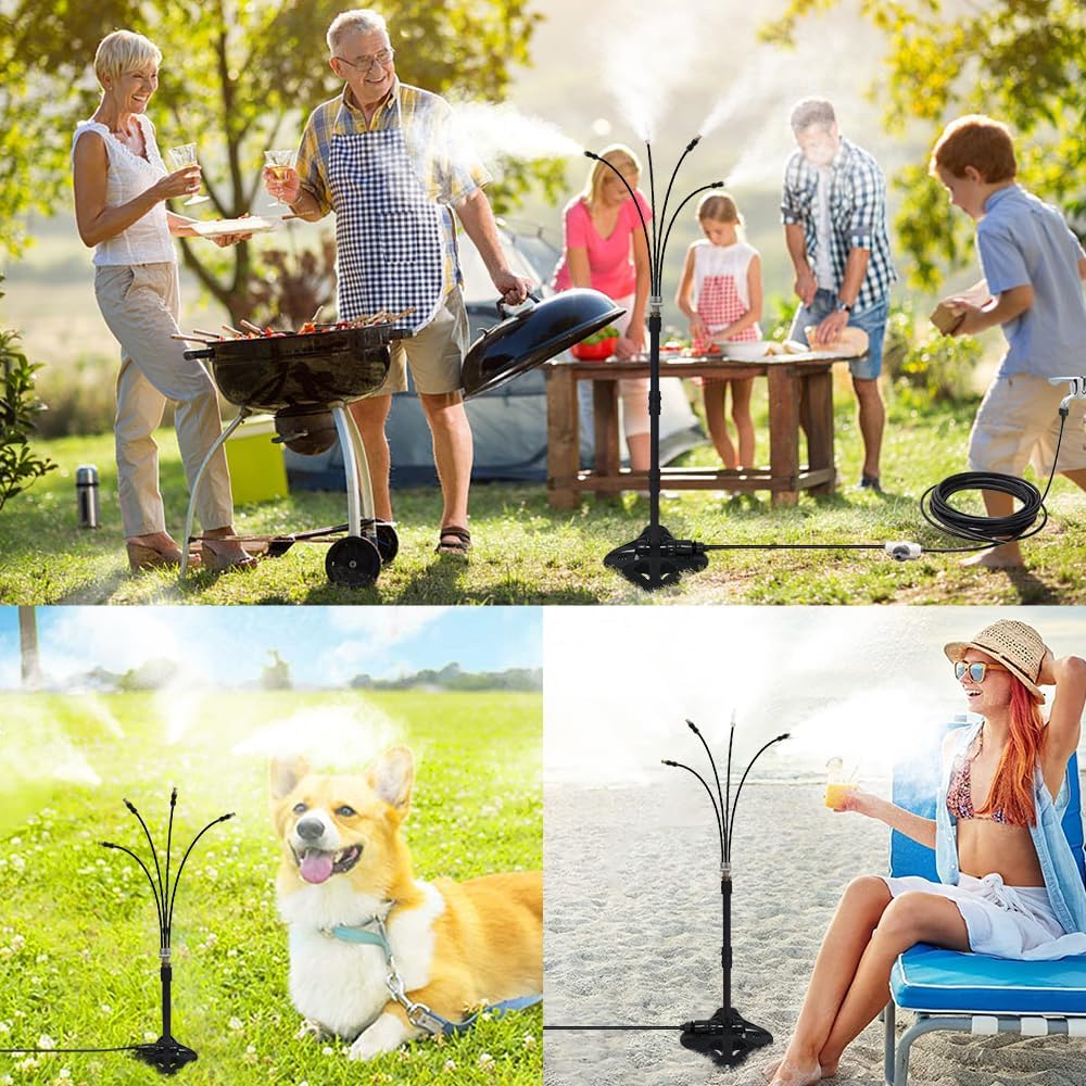 UR FOREST Updated Standing Misting Cooling System 26.2FT (8M) Misting Line + 4 Brass Misting Nozzles,2 Height Option, Stand Mister Hose for Outside Outdoor Patio, Pet Cooling, Kids Water Playing-BLACK