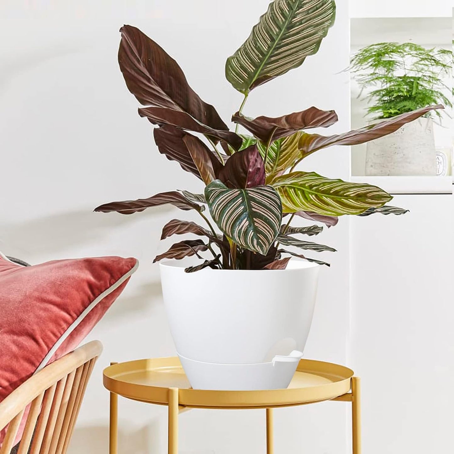 WOUSIWER 10 inch Self Watering Planters, 2 Pack Large Plastic Plant Pots with Deep Reservior and High Drainage Holes for Indoor Outdoor Plants and Flowers, White