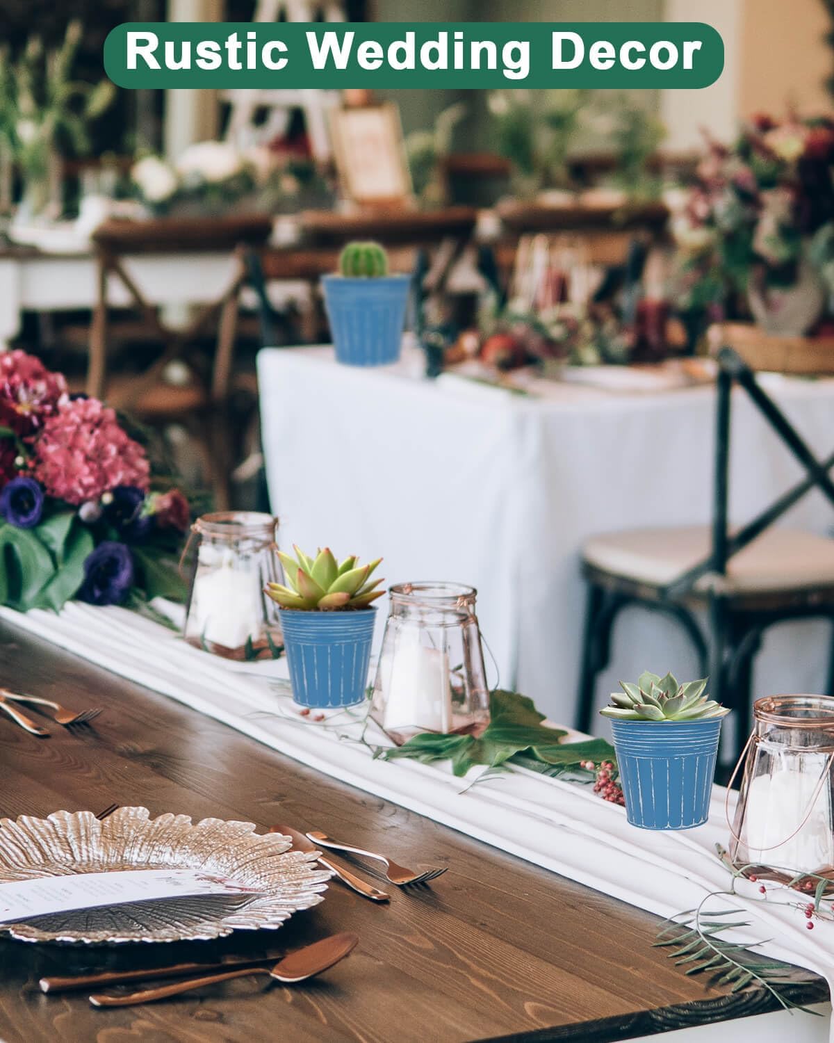 vensovo 4 Inch Blue Metal Rustic Flower Pots - 6Pcs Small Galvanized Planters with Drainage Hole and Rubber Plug, Rustproof Metal Bucket Plant Pots Farmhouse Vintage Style for Decor