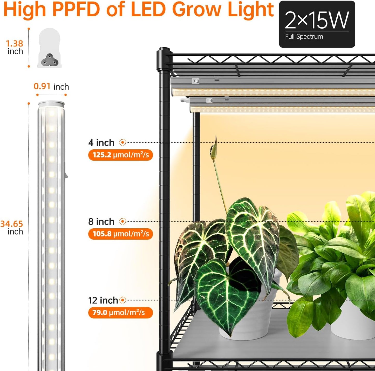 Plant Shelf with Grow Light with Timer, Tall Plant Stand with Adjustable Rack and Wheels, 6 Pack T5 3FT Full Spectrum Grow Lights for Indoor Plants, Seed Starting, Seed Tray, 35.4"x13.8"x70.8"