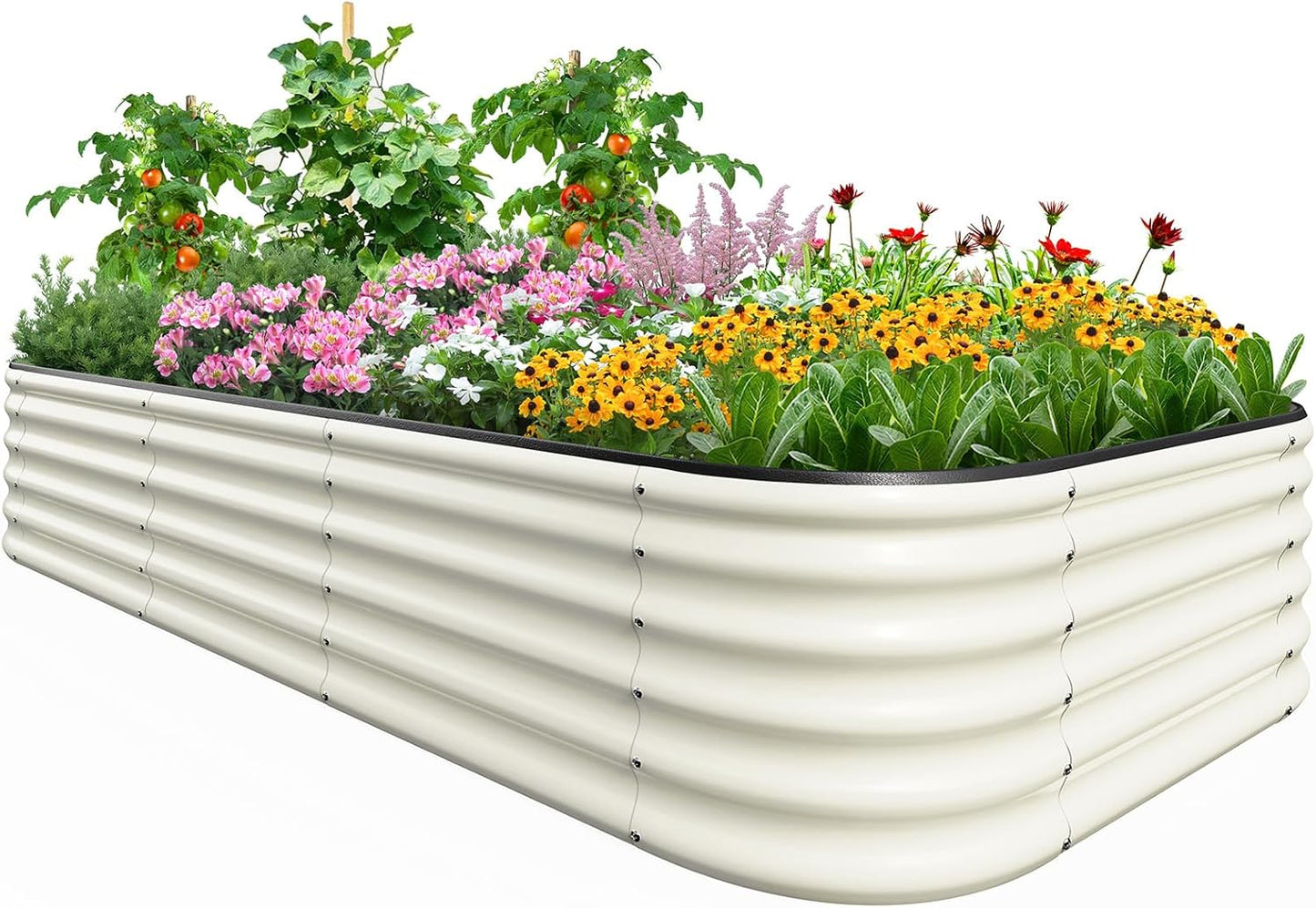 Quictent Raised Garden Bed Kit Oval Galvanized Metal Planter Box Tall for Vegetables Outdoor Backyard, Rubber Strip Edging Included, Beige 8x4x1.5 ft